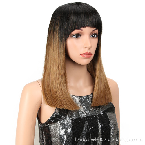 14Inches Short Bob Wig With Neat Bangs silk Straight Hair Extension None Lace Heat Resistant Fiber Synthetic Hair Wigs for women
